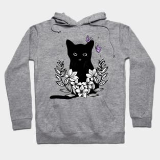 Black cat floral and butterflies Hoodie